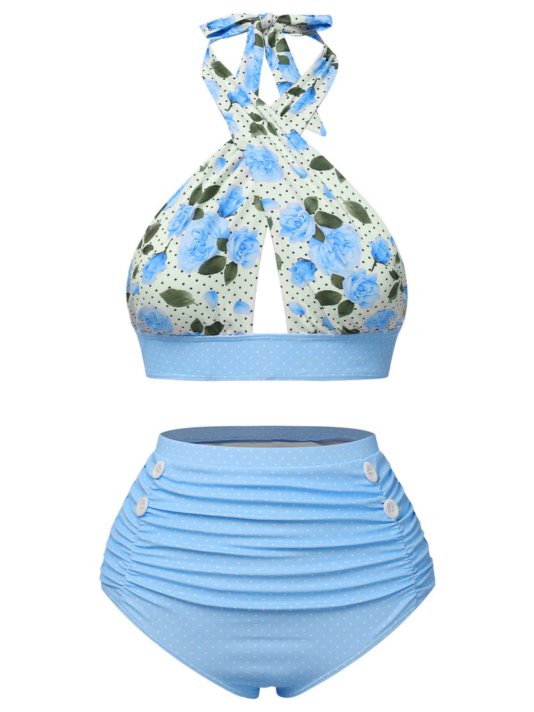 This 1950s Sunflower Cross Halter Swimsuit carries 1950s vacation dreams in every stitch