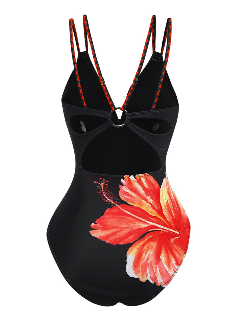 Black 1950s Floral Deep V Double Strap One-Piece Swimsuit - vintage swimsuit, pin-up style, classic black