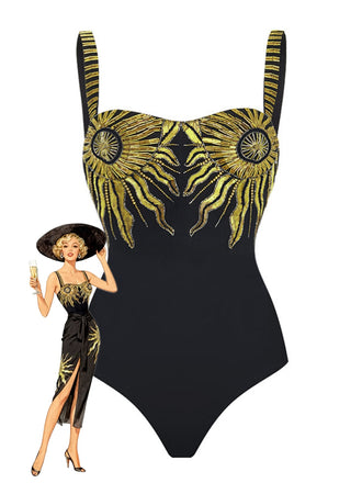 Black 1950s Sequined Sunflower Backless Swimsuit & Cover-Up - vintage swimsuit, pin-up style, classic black