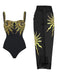 Black 1950s Sequined Sunflower Backless Swimsuit & Cover-Up - vintage swimsuit, pin-up style, classic black