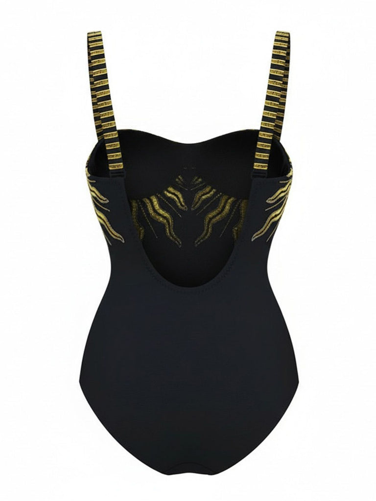 Black 1950s Sequined Sunflower Backless Swimsuit & Cover-Up - vintage swimsuit, pin-up style, classic black