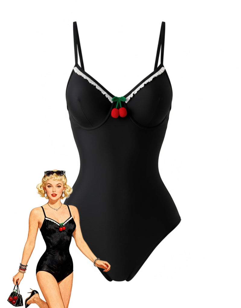 Black 1950s Spaghetti Strap 3D Cherry One-Piece Swimsuit - vintage swimsuit, pin-up style, classic black