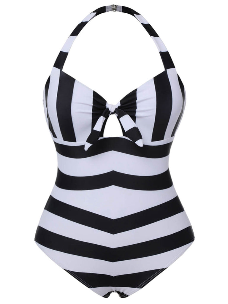 Black & White 1950s Barbie Striped Halter One-Piece Swimsuit - vintage swimsuit, pin-up style, classic black