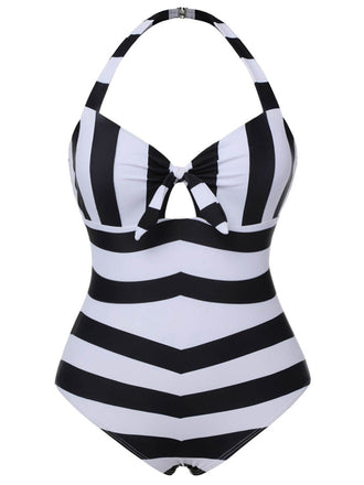 Black & White 1950s Barbie Striped Halter One-Piece Swimsuit - vintage swimsuit, pin-up style, classic black