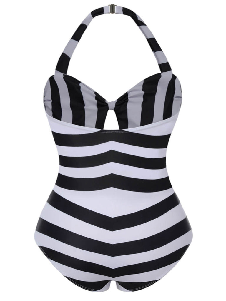 Black & White 1950s Barbie Striped Halter One-Piece Swimsuit - vintage swimsuit, pin-up style, classic black