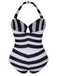 Black & White 1950s Barbie Striped Halter One-Piece Swimsuit - vintage swimsuit, pin-up style, classic black