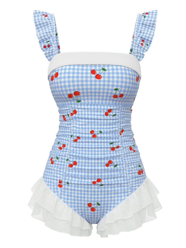 Blue 1950s Cherry Plaid Ruffled Mesh One-Piece Swimsuit - vintage swimsuit, pin-up style