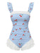 Blue 1950s Cherry Plaid Ruffled Mesh One-Piece Swimsuit - vintage swimsuit, pin-up style