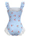 Blue 1950s Cherry Plaid Ruffled Mesh One-Piece Swimsuit - vintage swimsuit, pin-up style