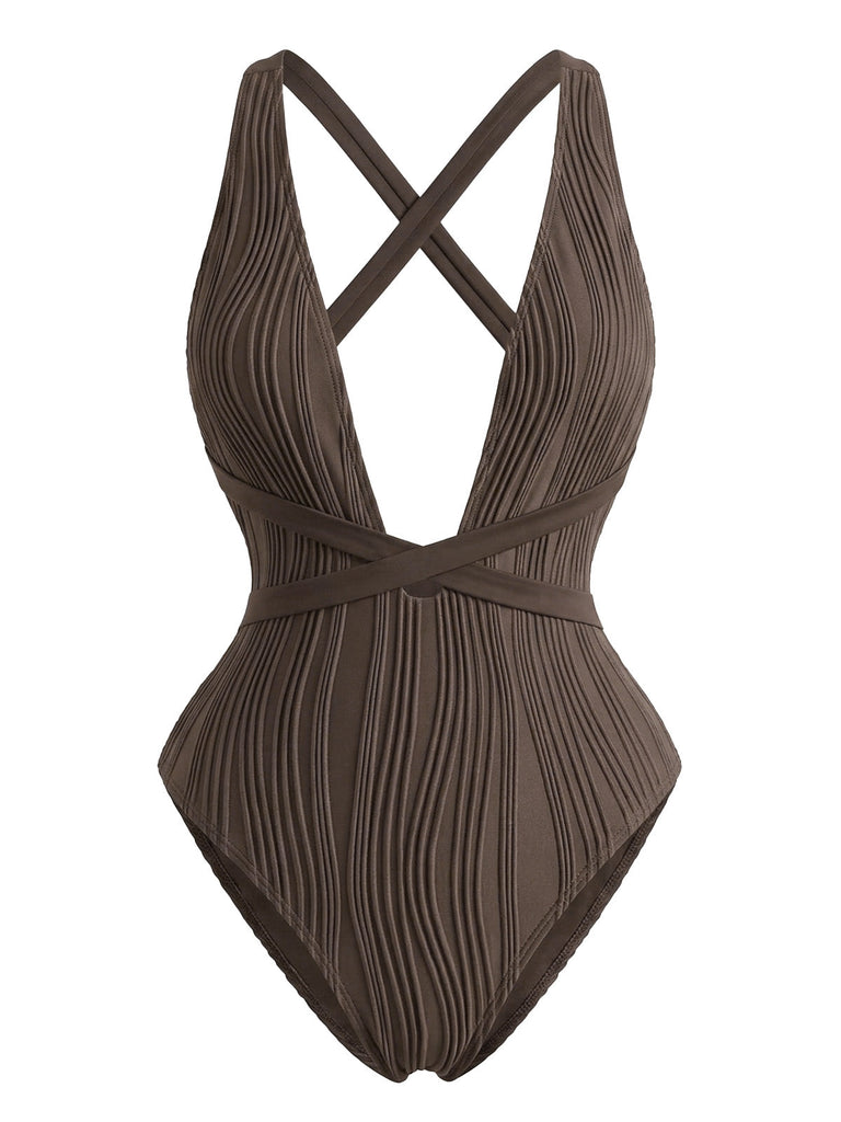 Dark Brown 1950s Crisscross Backless One-Piece Swimsuit - vintage swimsuit, pin-up style