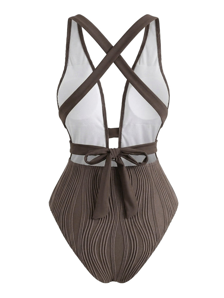 Dark Brown 1950s Crisscross Backless One-Piece Swimsuit - vintage swimsuit, pin-up style