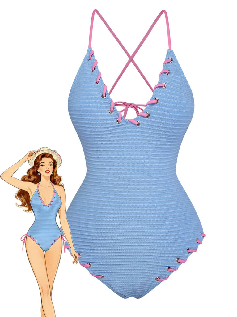 Light Blue 1950s Stripe Lace-Up Ruched One-Piece Swimsuit - vintage swimsuit, pin-up style