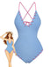 Light Blue 1950s Stripe Lace-Up Ruched One-Piece Swimsuit - vintage swimsuit, pin-up style