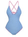Light Blue 1950s Stripe Lace-Up Ruched One-Piece Swimsuit - vintage swimsuit, pin-up style