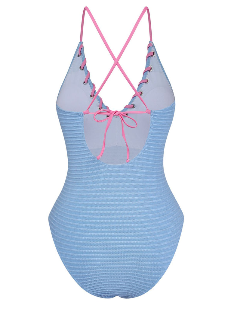 Light Blue 1950s Stripe Lace-Up Ruched One-Piece Swimsuit - vintage swimsuit, pin-up style
