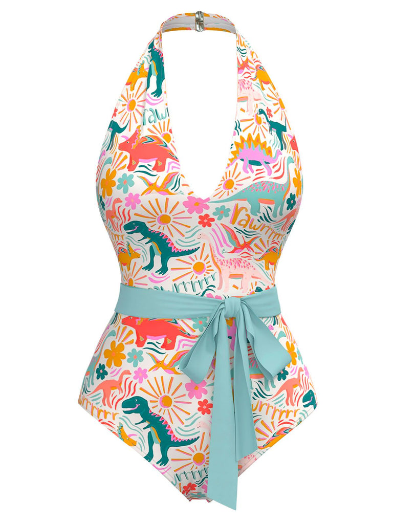 Multicolor 1950s Dinosaur Print Halter One-Piece Swimsuit - vintage swimsuit, pin-up style