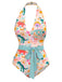 Multicolor 1950s Dinosaur Print Halter One-Piece Swimsuit - vintage swimsuit, pin-up style