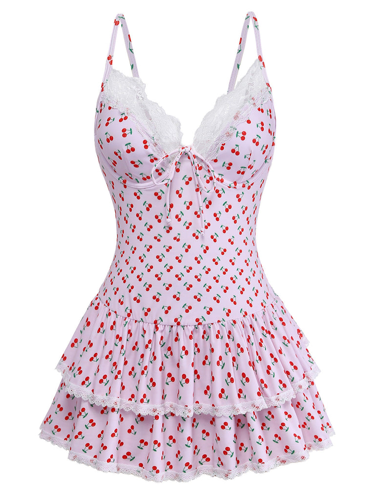 [Pre-Sale] Pink 1940s Cherry Print Lace Trim One-Piece Swimsuit - vintage swimsuit, pin-up swimwear for vintage lovers