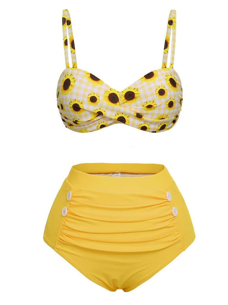 Yellow 1950s Spaghetti Strap Sunflower Plaids Swimsuit - vintage swimsuit, pin-up style