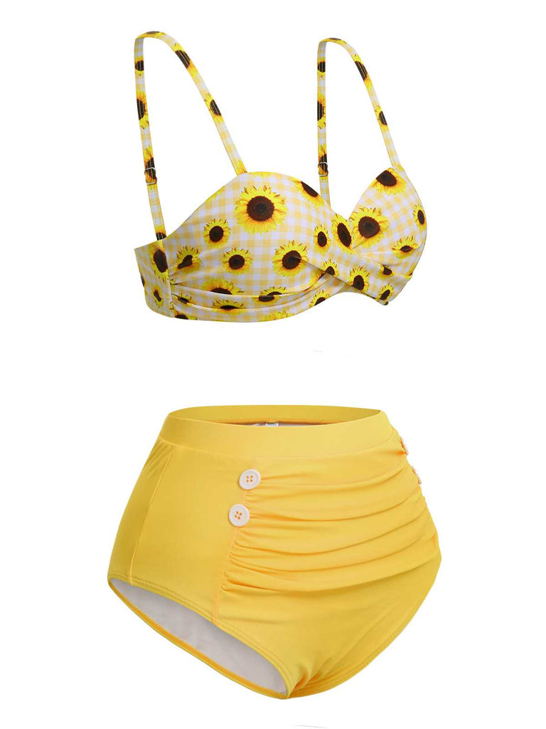 Yellow 1950s Spaghetti Strap Sunflower Plaids Swimsuit - vintage swimsuit, pin-up style