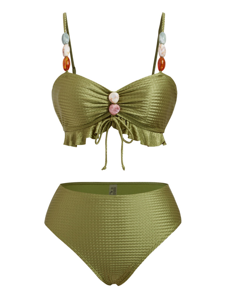 1950s Textured Fabric Colored Stones Bikini Set - vintage fashion, retro style, elegant red