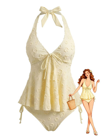 1950s Textured Floral Halter Deep V Tankini Set - vintage fashion, retro style, classic elegance for vintage lovers