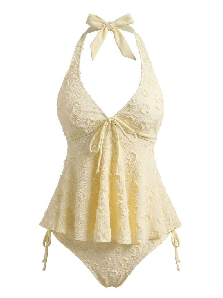1950s Textured Floral Halter Deep V Tankini Set: beautiful vintage fashion, retro style, classic elegance with timeless appeal