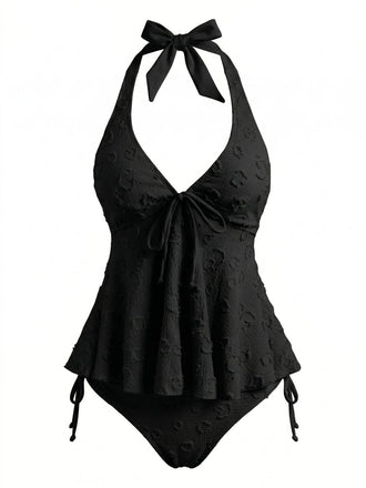 1950s Textured Floral Halter Deep V Tankini Set - vintage fashion, retro style, elegant red