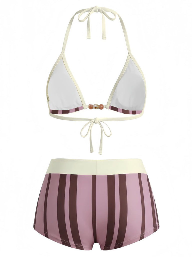 1950s Tie Halter Beaded Striped Swimwear Set: beautiful vintage fashion, retro style, classic elegance with timeless appeal