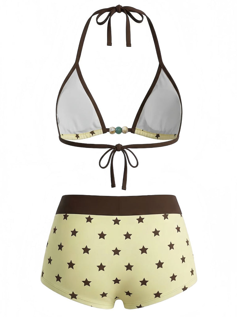 1950s Tie Halter Beaded Striped Swimwear Set: beautiful vintage fashion, retro style, classic elegance with timeless appeal