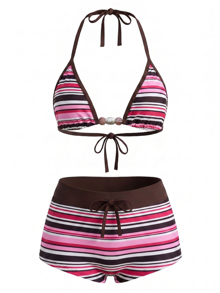 1950s Tie Halter Beaded Striped Swimwear Set - vintage swimsuit, pin-up style