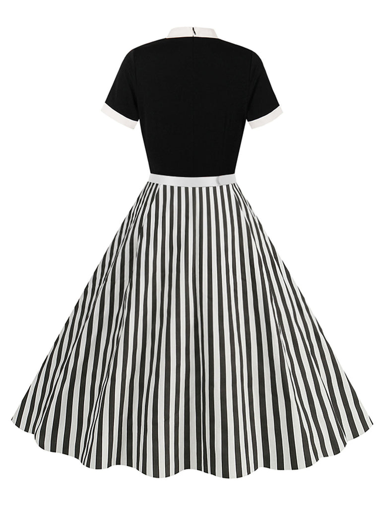 1950s Tie Neck Black & White Stripes Belted Dress: where 1950s romance meets her modern spirit