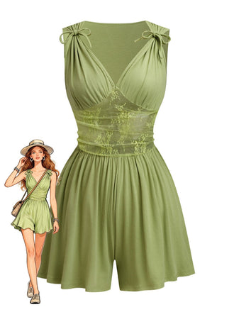 1950s Tie-Shoulder Lace Waist V-Neck Fit Romper - vintage jumpsuit, retro fashion