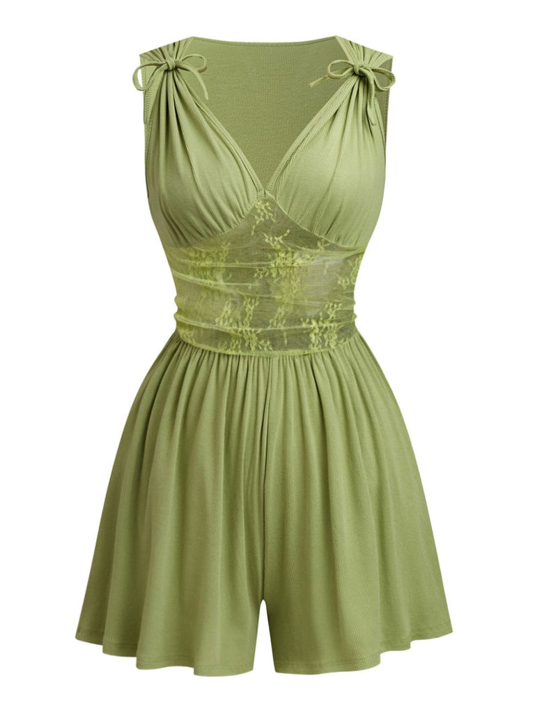 1950s Tie-Shoulder Lace Waist V-Neck Fit Romper - vintage jumpsuit, retro fashion