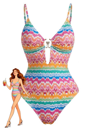 Multicolor 1950s Chevron Print Heart Ring One-Piece Swimsuit - vintage swimsuit, pin-up swimwear for vintage lovers