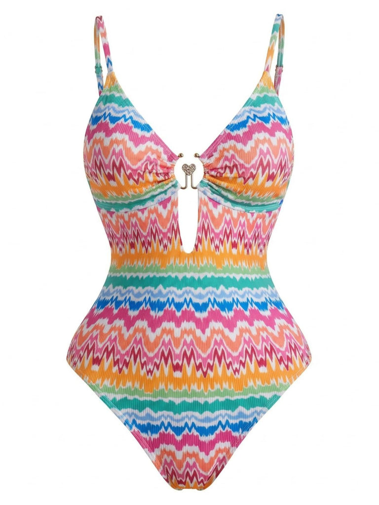 Multicolor 1950s Chevron Print Heart Ring One-Piece Swimsuit - vintage swimsuit, pin-up swimwear for vintage lovers