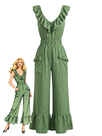 1950s V-Neck Ruffle Hem Drawstring Wide Leg Jumpsuit, vintage jumpsuit, retro fashion, rockabilly, pin-up fashion - vintage inspired fashion