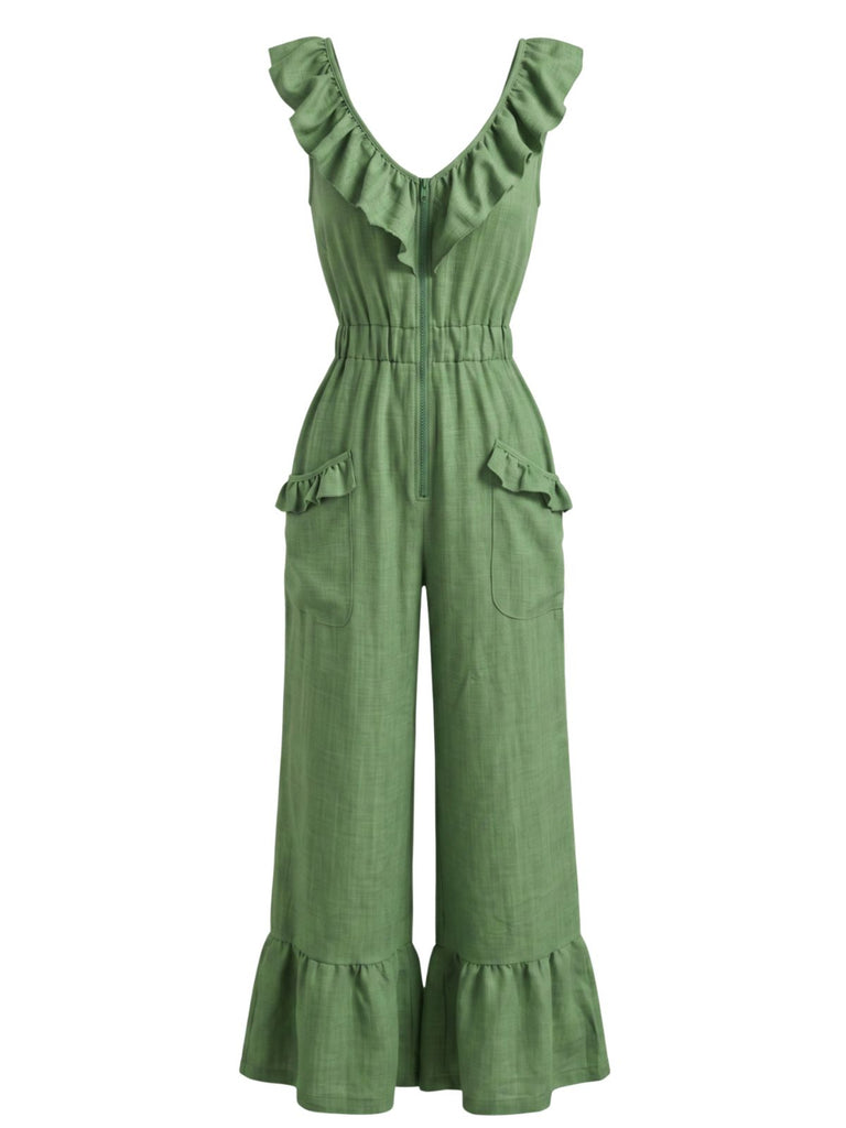 1950s V-Neck Ruffle Hem Drawstring Wide Leg Jumpsuit, vintage jumpsuit, retro fashion, rockabilly, pin-up fashion - vintage inspired fashion