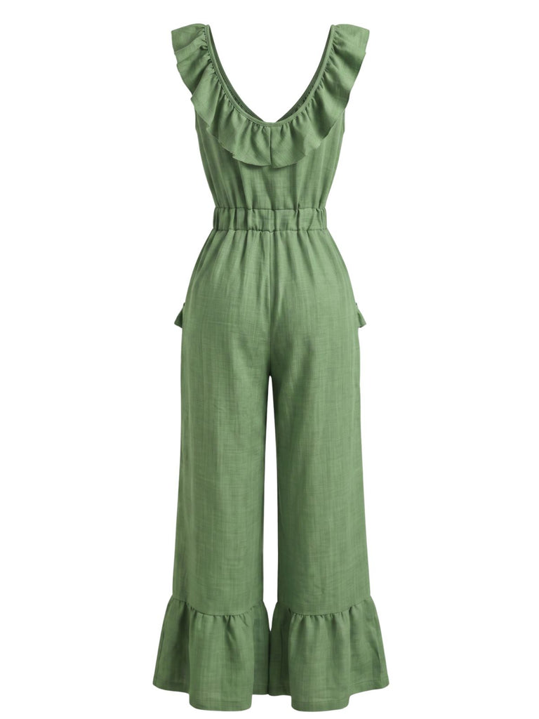1950s V-Neck Ruffle Hem Drawstring Wide Leg Jumpsuit, vintage jumpsuit, retro fashion, rockabilly, pin-up fashion - vintage inspired fashion