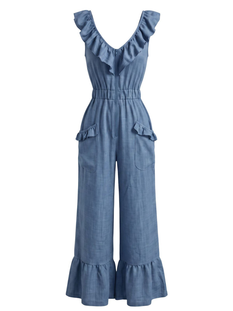 1950s V-Neck Ruffle Hem Drawstring Wide Leg Jumpsuit, vintage jumpsuit, retro fashion, rockabilly, pin-up fashion - vintage inspired fashion
