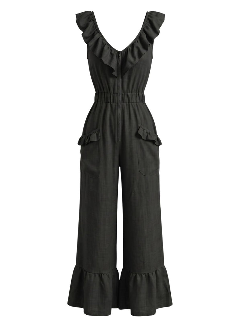 1950s V-Neck Ruffle Hem Drawstring Wide Leg Jumpsuit, vintage jumpsuit, retro fashion, rockabilly, pin-up fashion - vintage inspired fashion