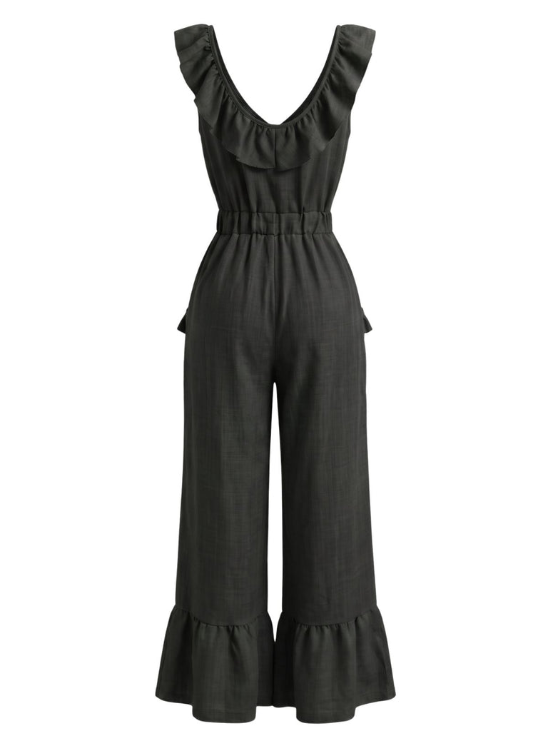 1950s V-Neck Ruffle Hem Drawstring Wide Leg Jumpsuit, vintage jumpsuit, retro fashion, rockabilly, pin-up fashion - vintage inspired fashion