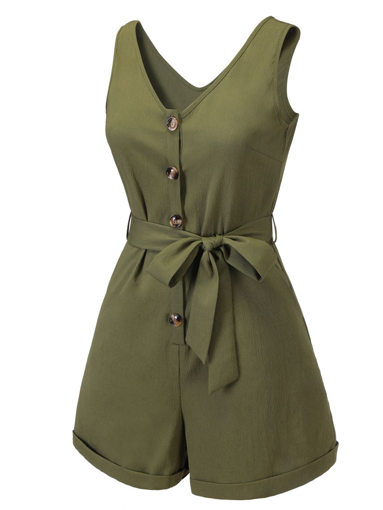 Olive Green 1950s V-Neck Button Waist Tie Romper, vintage romper, retro jumpsuit - perfect for women who love vintage and retro fashion