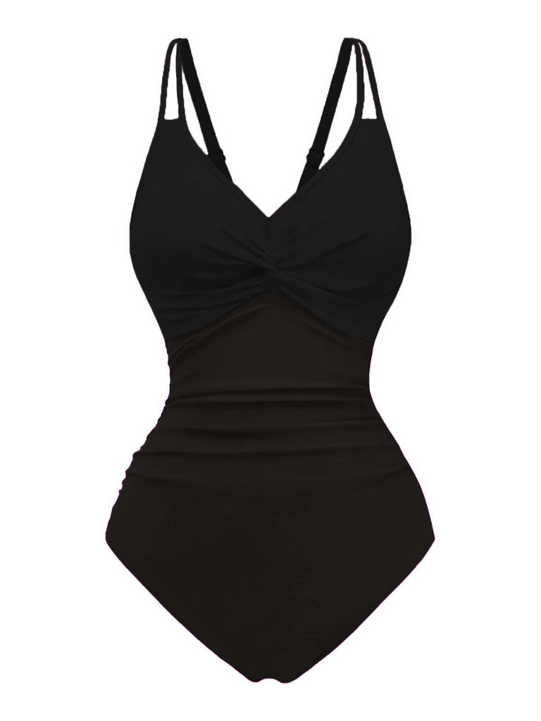 1950s V-Neck Color Patchwork One-Piece Swimsuit - vintage swimwear, retro swimsuit, pin-up style for vintage lovers
