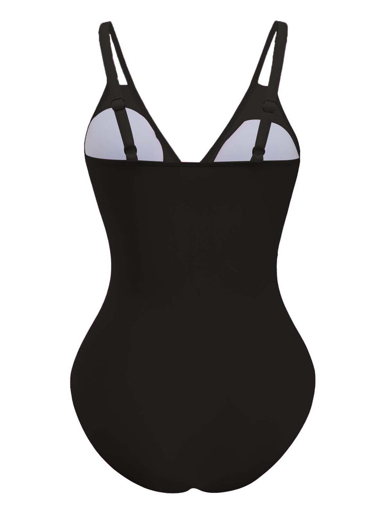 1950s V-Neck Color Patchwork One-Piece Swimsuit: beautiful vintage swimwear, retro swimsuit, pin-up style with timeless appeal