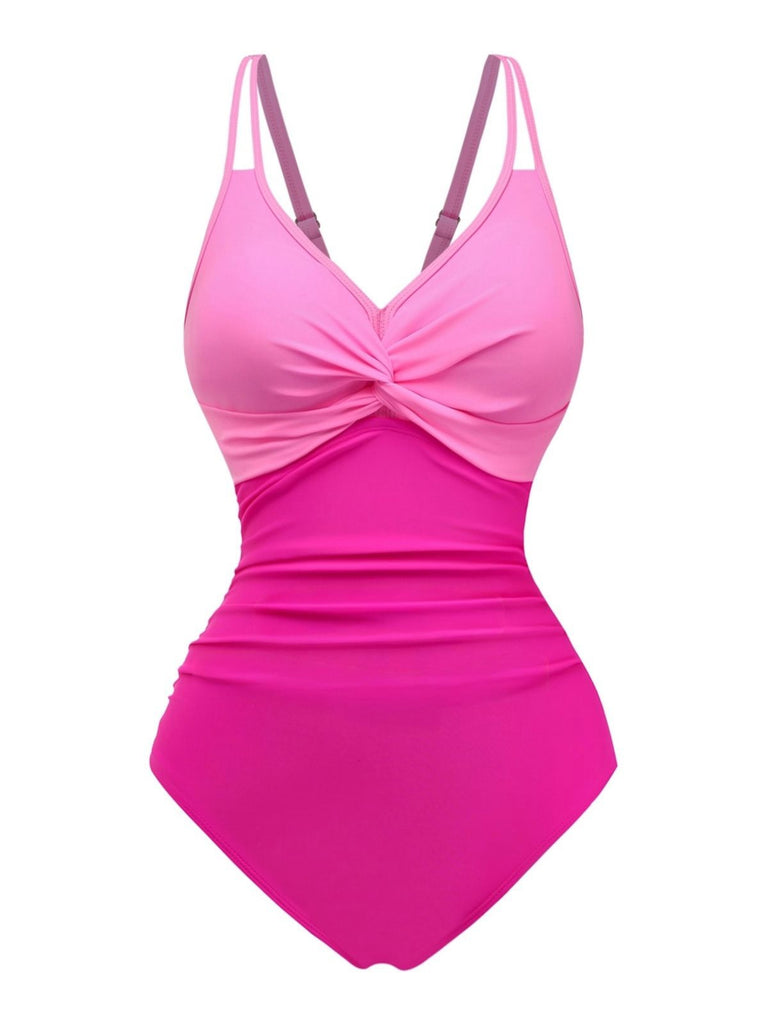 1950s V-Neck Color Patchwork One-Piece Swimsuit - vintage swimwear, retro swimsuit, pin-up style for vintage lovers