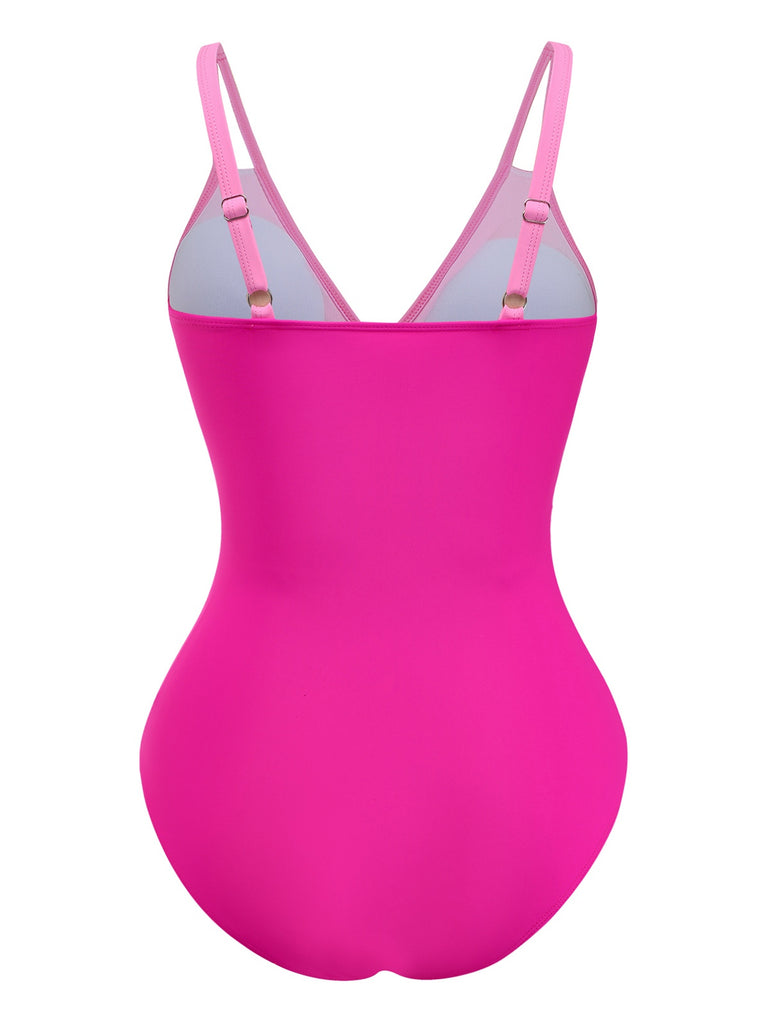 1950s V-Neck Color Patchwork One-Piece Swimsuit: beautiful vintage swimwear, retro swimsuit, pin-up style with timeless appeal
