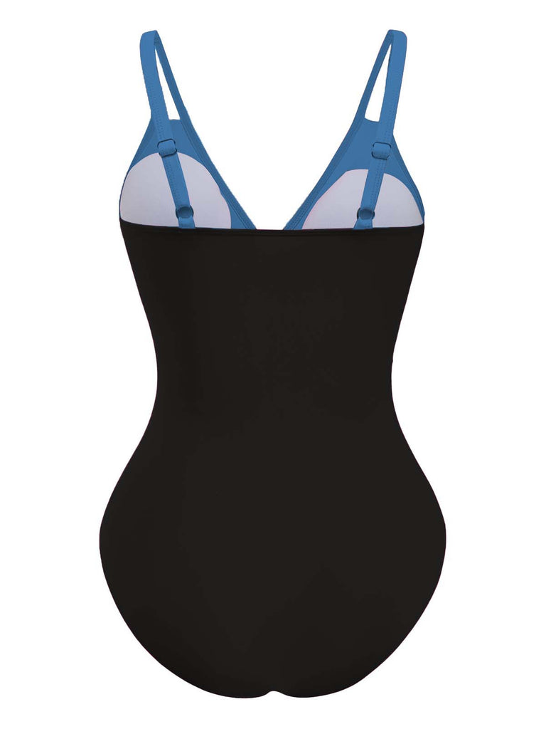 1950s V-Neck Color Patchwork One-Piece Swimsuit - vintage swimwear, retro swimsuit, pin-up style for vintage lovers