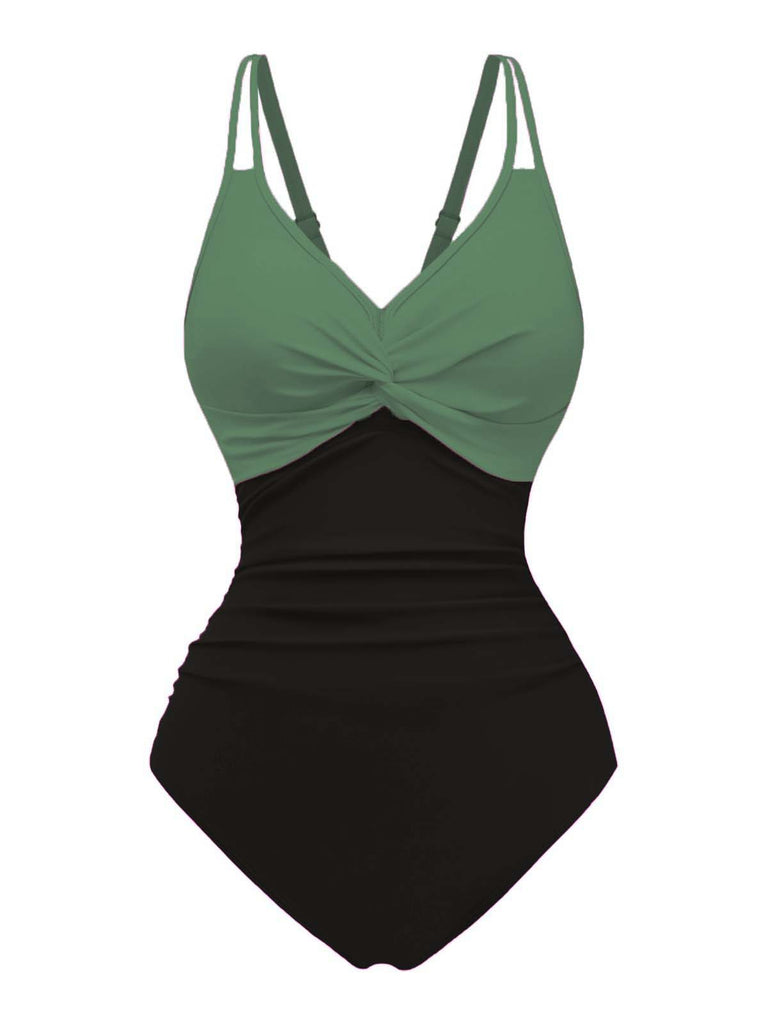 1950s V-Neck Color Patchwork One-Piece Swimsuit: beautiful vintage swimwear, retro swimsuit, pin-up style with timeless appeal