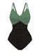 1950s V-Neck Color Patchwork One-Piece Swimsuit: beautiful vintage swimwear, retro swimsuit, pin-up style with timeless appeal